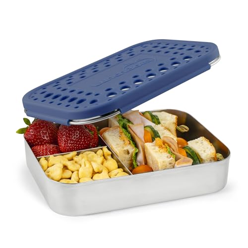 LunchBots Medium Trio Stainless Steel Kids Bento Box 3-Section Blue 32oz - color: Blue Dots, size: 3 Section