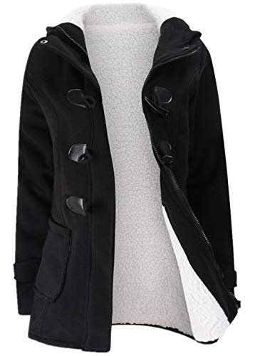 JiangWu Womens Fashion Horn Button Fleece Thicken Coat with Hood Winter Warm Jacket - color: Black, size: Medium