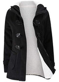JiangWu Womens Fashion Horn Button Fleece Thicken Coat with Hood Winter Warm Jacket - color: Black, size: Medium