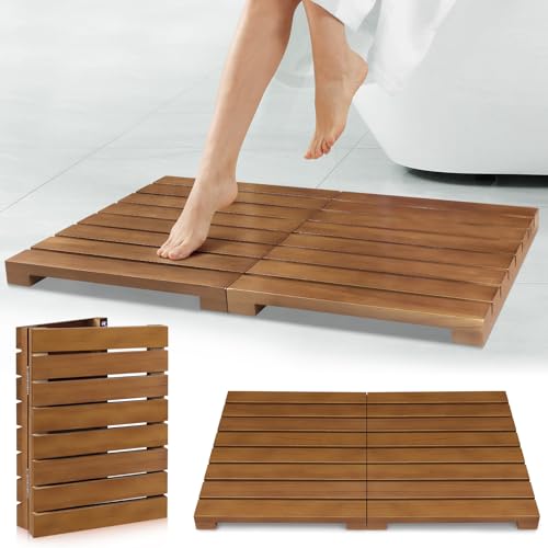 Teak Shower Mat - Foldable Wood Bath Mat for Spa, Sauna, Pool and Home | Foldable Teak Shower Mat Adds a Raised Wood Surface for Bathtubs, Doorways, Spas, Saunas, Pools and Indoor or Outdoor Use.