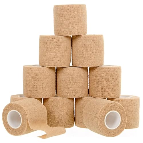 12 Pack Self-Adhesive Bandage Wrap - 2 Inches x 5 Yards - Elastic Self Adherent Cohesive Wrap Bandage - Breathable Athletic Tape for Wrists, Knee, Ankle - First Aid Sports - Brown - color: Brown, size: 2 Inch x 5 yard- Pack of 12