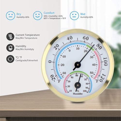 Mini Indoor Thermometer Hygrometer Analog 2 in 1 Temperature Humidity Monitor Gauge for Home, Wall, Room, Outdoor, Offices, Display Mechanical (Gold) - color: Gold