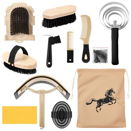 Abbylike 12 Pieces Horse Grooming Kit Racing Festival Tack Room Supplies Horse Brush Sets Equine Care Cleaning Kit Shedding Grooming Massaging Tools(Black) - color: Black
