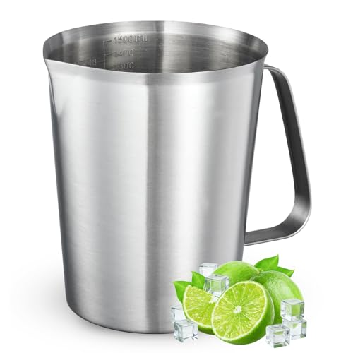 Stainless Steel Measuring Cup 50oz (6 Cup / 1.5L), Heavy Duty Liquid Measuring Pitcher with Handle & Engraved Markings, Metal Measuring Cup for Coffee, Milk, Baking & Frothing - size: 50oz/1500ml