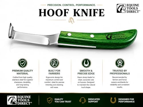 Right-Hand Straight Blade Hoof Knife with Rhino Hook, J2 420 Magnetic Stainless Steel, Ergonomic Green Handle, Farrier Horse Hoof Trimming Tool for Sole & Frog Paring