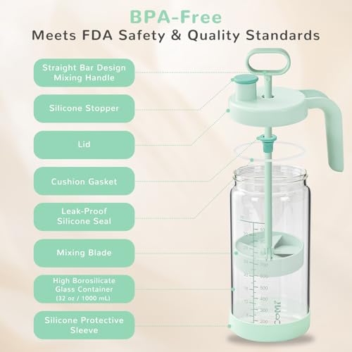 COMI Glass Formula Mixing Pitcher with Easy-Blend Handle Lid, 32oz Leakproof Breast Milk Pitcher with Silicone Protective Sleeve, Designed for the Pitcher Method Breastmilk, BPA Free, Green