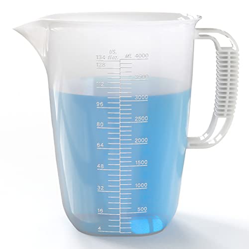 1 Gallon Measuring Pitcher-Convenient Conversion Chart,134oz Extra Large Plastic Measuring Cup-Strong Food Grade Material,Graduated Mixing Pitcher Great for Lawn,Pool Chemicals, Motor Oil and Fluids - color: 1 Gallon / 134oz - Translucent