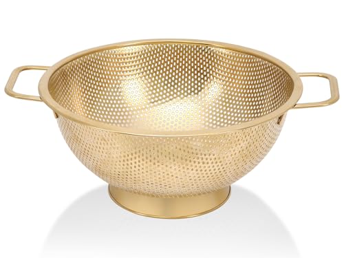 Gold Strainer for Kitchen, 5QT, Stainless Steel Colander with Handle for Fruits Vegetables Cooking Food, Dishwasher Safe - size: 5QT