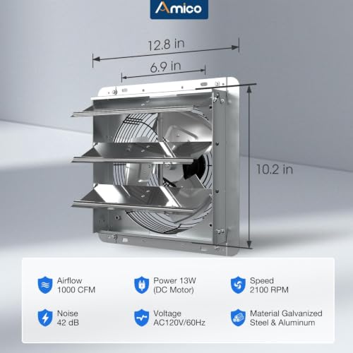 Amico 10" Shutter Exhaust Fan, Remote 9-Speed 13W DC Motor, 1000 CFM | Energy-Efficient Wall Mount Ventilation Fan, Garage, Greenhouse, Attic, Chicken Coop, Plug&Play 8-Hr Timer, 3-Year Protection - size: 10 inch