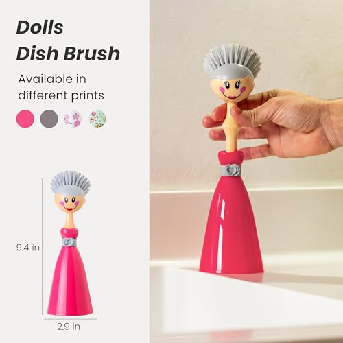 Vigar Dolls Dish Brush with Handle and Holder - Dish Scrubber Brush for Dishes and Pans, Kitchen Scrub Brush, Dishwashing Brush for Kitchen Sink Cleaning, Cute Standing Dish Brush Design - Pink, Gray - color: Pink, Gray