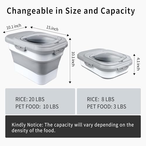 Rice Storage Container, Collapsible Airtight Food Storage Containers 6-20 Lbs, Rice Dispenser with Measuring Cup and Small Bin for Flour Cereal Pasta Grain, Cat Pet Dog Bird Food Container - color: Gray
