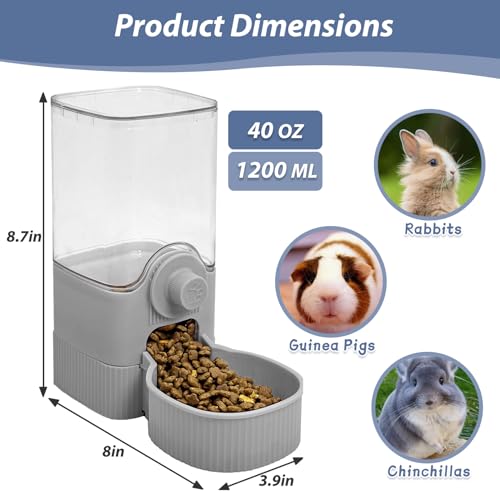 Fhiny Rabbit Food Dispenser, 40oz Large Capacity Hanging Gravity Bunny Feeder for Cage Automatic Guinea Pig Feeding Bowls Pet Food Storage for Bunny Guinea Pig Chinchilla Ferret Cat Puppy - color: Grey