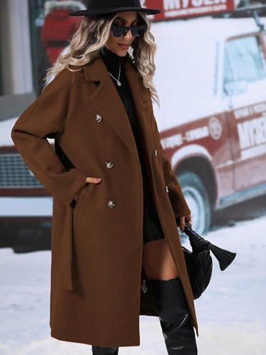 utcoco Womens Long Wool Pea Coat Notched Lapel Double Breasted Trench Coat Winter Warm Overcoat with Belt - color: Brown, size: XX-Large