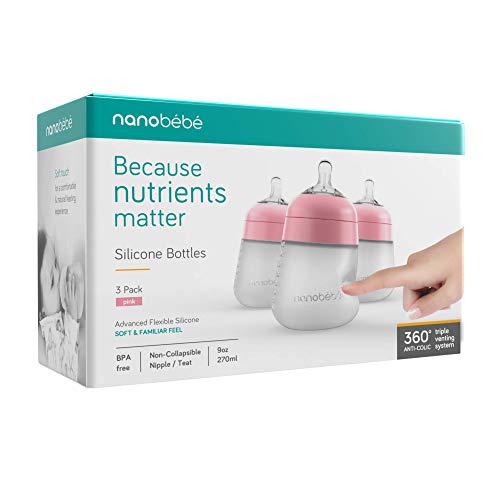 Nanobebe Flexy Silicone Baby Bottle, Anti-Colic, Natural Feel, Non-Collapsing Nipple, Non-Tip Stable Base, Easy to Clean, 3-Pack, Pink, 9oz - color: Pink, style: 9 Ounce 3-Pack