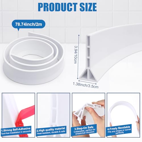 3.94" High Shower Threshold Water Dam for Bathroom, Kitchen | 78 Inch Silicone Shower Water Barrier, White Collapsible Shower Water Guard, Wet and Dry Separation Bathroom Floor Kitchen - size: 3.94", style: Classic