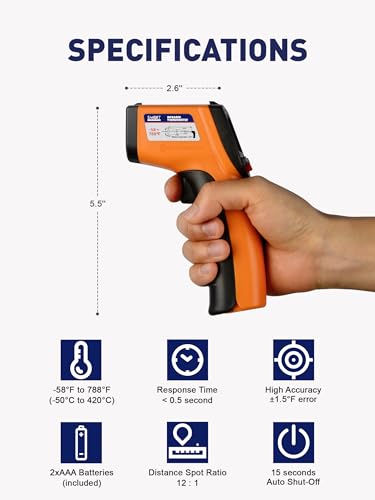 Infrared Thermometer Gun -58°F to 788°F Range (Not for Human Body Temp) | Digital Temperature Gun for Cooking, BBQ, Oven, Engine, HVAC | Non-Contact Measuring & Backlit Digital Display