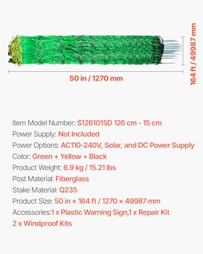 VEVOR Electric Fence Netting, 50" H x 164' L, Livestock Net Fencing with Posts & Stakes, Portable Mesh Nets for Goats, Sheep, Deer, Hogs, Dogs, Electric Fencing for Backyards, Gardens, Farms, Ranches - size: 50in x 164ft, style: Livestock