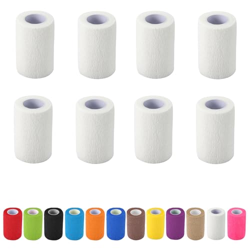 8 Pack Self Adhesive Bandage Wrap, 3 in x 5 Yards Vet Wrap Tape, White | Non-Woven Self Adherent Cohesive Bandage for Thumb, Finger, Wrist, Knee, Ankle - color: White