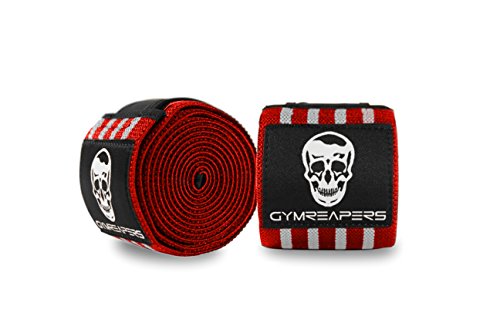 Gymreapers Knee Wraps for Squats and Powerlifting 72 Inch Compression Wraps with Strap for Men & Women Weightlifting Support - color: Red/White