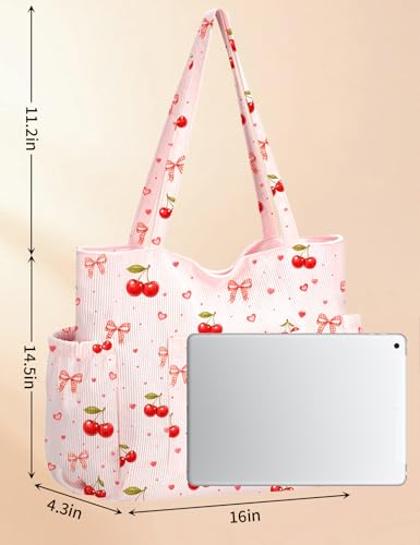 Corduroy Tote Bag for Women, Cute Floral Tote Bag with Zipper, Large Shoulder Handbag with Multi-Pockets for Work Travel Gym - color: Cherry