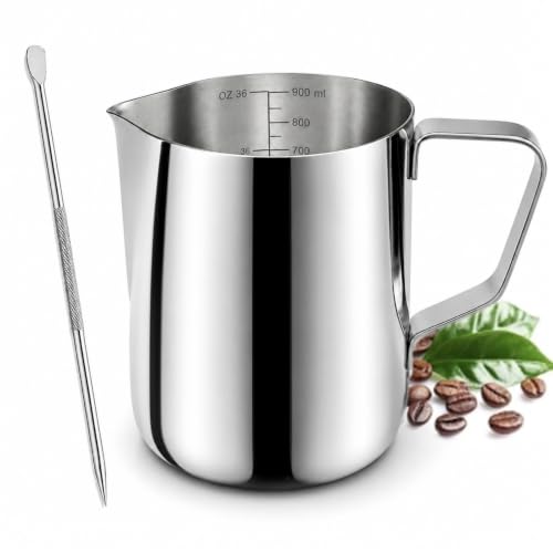 Milk Frothing Pitcher 36oz Thickened 304 Stainless Steel Espresso Accessory | Thickened anti-deformation body, coffee milk batch steaming for commercial cafes barista latte service - size: 36oz