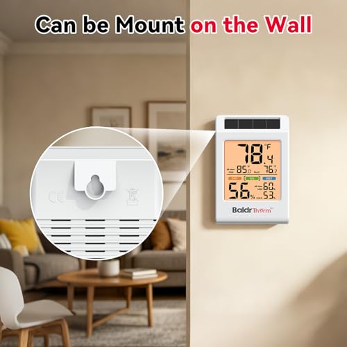 BaldrTherm Room Thermometer Indoor, Humidity Meter, 2026 Upgrade Backlit Digital Humidity&Temperature Monitor | Solar Powered | MAX MIN Record | 3.2", for Home, Office, Greenhouse, 1Pack