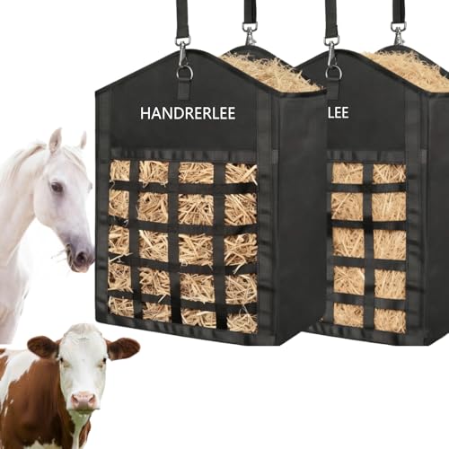 Hay Bags for Horses, 2PCS Slow Feed Hay Bags for Goats, Sheep, Donkey, Two-Sided Premium Oxford Hay Feed Bags and High Strength Metal Clasp, Easy to Hang with Adjustable Strap(Black, Large 2 Pack) - size: 2PCS