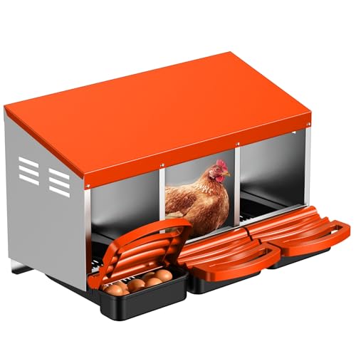 Chicken Nesting Boxes, Roll Away Laying Nest Box for Hens, 3 Compartments | Rollout design with removable drawer for easy egg collection and cleaning, built with durable galvanized steel, Orange - color: Orange-Red
