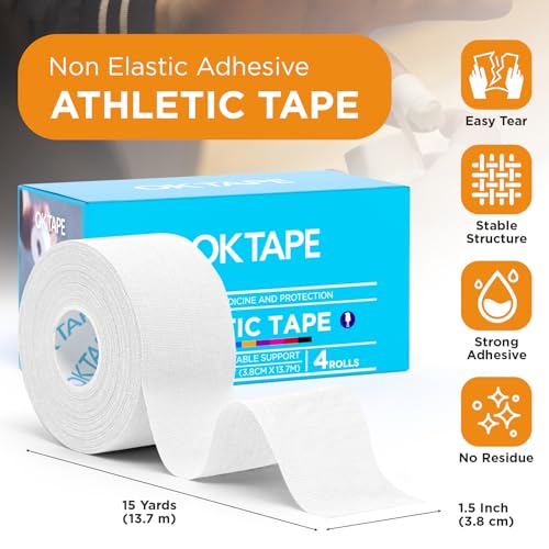 OK TAPE 4 Rolls White Athletic Tape, Sports Tape, Very Strong, Easy Tear | Medical Tape, Wrist Tape, No Sticky Residue, Secure Ankle, Finger, Knee- 1.5inch x 15yards - color: White-4 Rolls, size: 15 yards