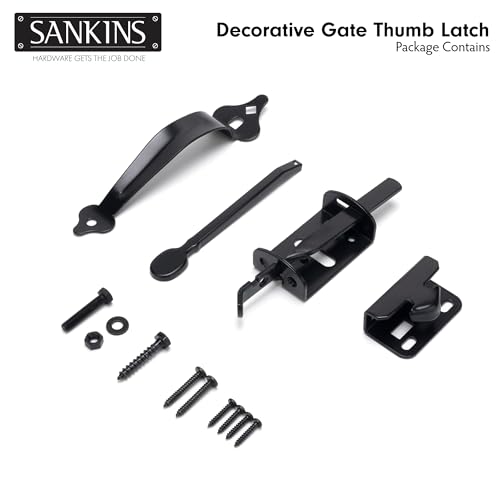 Thumb Gate Latch for Wooden Fence Heavy Duty, Thumb Latch Hardware with 9 inch Decorative Handle, Self Locking Thumb Latch for Swing Gate, Garden, Metal Gate, Vinyl Fence, Black