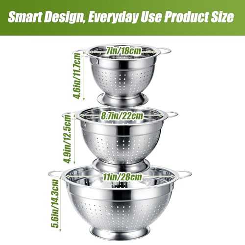 Palksky Stainless Steel Colander Set of 3, Nesting Metal Strainers with Handles and Raised Base, 7/8.7/11 Inch Kitchen Colanders for Pasta, Vegetables, Fruit, Rice, Salad and Meal Prep - color: 3 Sizes Colander Set with Handles