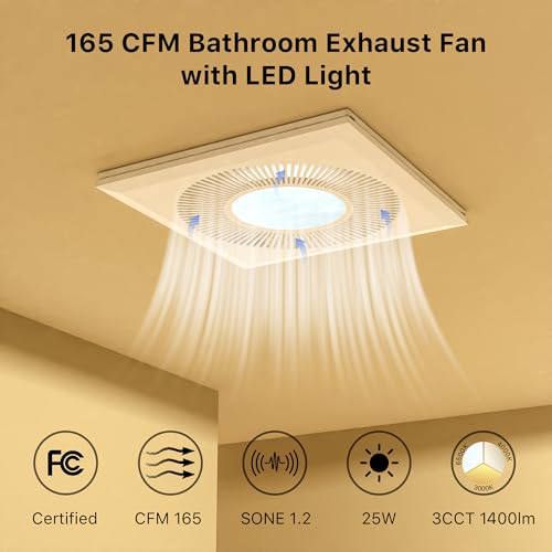 Bathroom Exhaust Fan with Light 165CFM Quiet 1.2 Sones | Bathroom Vent Fan with Light Ceiling Mount 3CCT 1400lm LED Light 9.84"x9.84" Ceiling Cutout for Bathroom Laundry - color: 6500k Ivory White