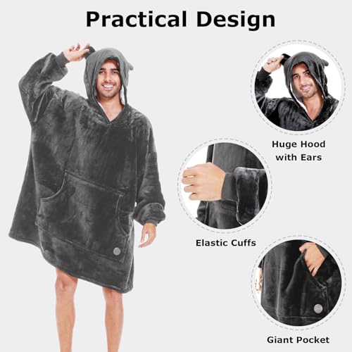 THREE POODLE Wearable Blanket Hoodie for Women, Oversized Sherpa Sweatshirt Blanket for Adults Men, Cozy Gray Hooded Blankets, Gifts for Teen Girls Women Mom Sister - color: Dark Gray, size: Adult