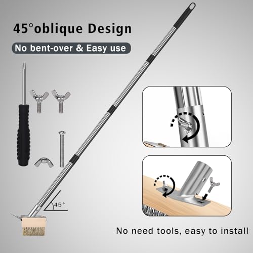 Wire Scrub Brushes with 65in Handle for Concrete Pavers Moss Remover | Heavy Duty Wire Broom, Crack Weeder Puller for Outdoor Deck Patios Walkways Floor Cleaning, Detachable Long Handle