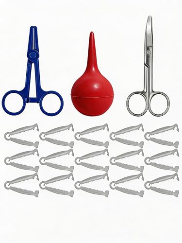 Animal Birth Kit with Curved Scissors, Disposable Umbilical Clamps, Hemostat, Bulb Syringe, Safe Delivery for Puppies, Kittens, Lambs, Piglets & Calves, Farm & Home Use