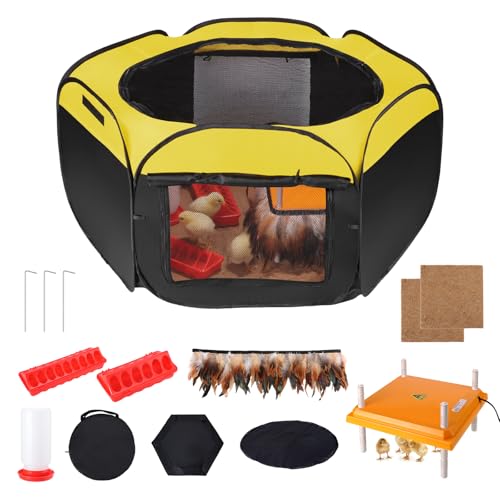 14 in 1 Pop Up Brooder Box for Chicks Starter Kit, Foldable Brooder Box, Complete Baby Chick Supplies with Heating Plate, Custom Feathers, Grass Mat, Feeder & Waterer for Baby Chicks, Ducks, Quail