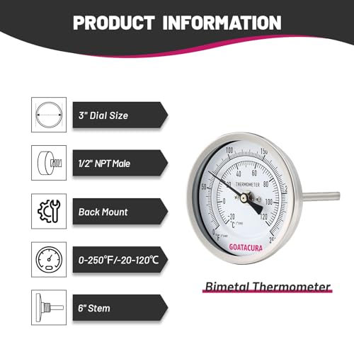 Bimetal Thermometer, Full Stainless Steel, 3" Dial Size, 6" Stem, 1/2" NPT Back Mount, 0-250 Deg F/-20-120 Deg C, 1% Accuracy - size: L=6"