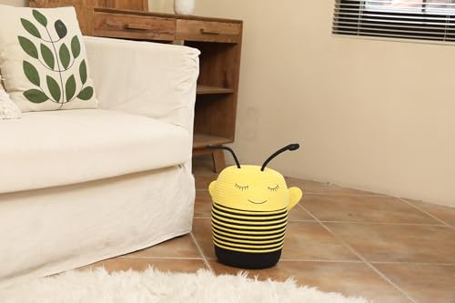 10x15 Inch Bee Basket with Lid, Handcrafted Cotton Rope Animal Storage Bin, Striped Bumble Bee Decor for Kids Bedroom Playroom, Yellow