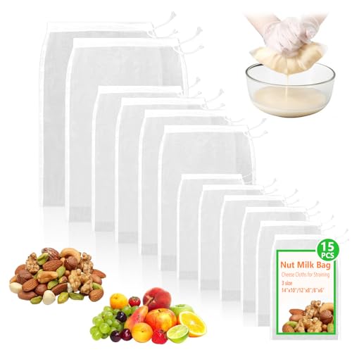 Cheese Cloth Bag For Straining Reusable Nut Milk Bags Nylon Washable Fine Mesh Strainer Bags for for Almond Yogurt Juice Cheese Making Cold Brew Coffee Beer Tea (15Pcs（3 Size）)