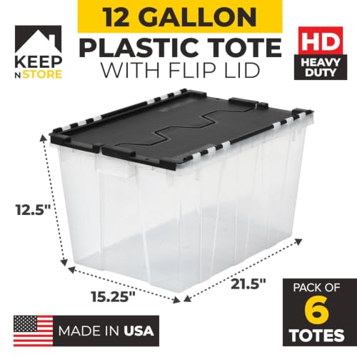 12 Gallon Heavy Duty Plastic Storage Tote with Flip Lid 21.5"×15.25"× 12.5" | Pack of 6 USA Made Reinforced Storage Container - Stackable Design, Wipe-Clean Label - for Home & Garage Organization - style: Heavy Duty