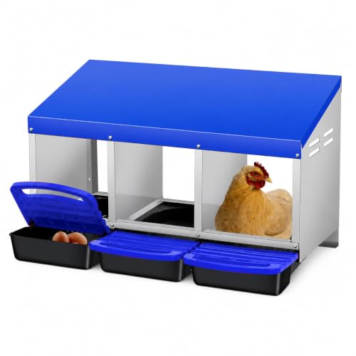 Galvanized Steel Chicken Nesting Box 3 Compartment with Pull Out Tray, Roll Away Nest Boxes for Laying Hens Egg Collection, Wall Mount Poultry Nest Box for Coop with Handle, Blue - color: Blue, size: 3 Compartments