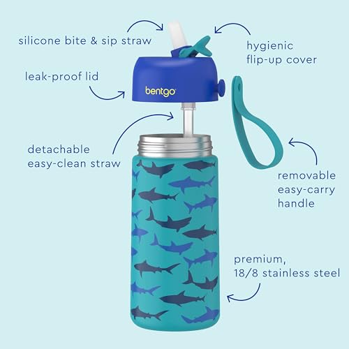 Bentgo Kids Stainless Steel Water Bottle, Leak-Proof, 14 oz, Bite & Sip | Vacuum Insulated, 18/8 Stainless Steel, 12-Hour Cold, Dishwasher Safe, BPA-Free (Sharks) - color: Sharks