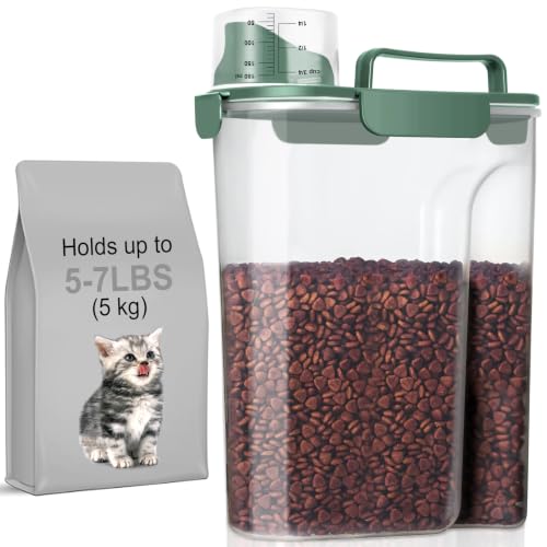 LEAWALK 5-7Lbs Cat Dog Storage Container, Portable Pet Food Containers with Upgraded Large Spout and Cup, Small Animal Kibble Dispenser for Bird Seed, Oatmeal, Rice, Flour, Brown Sugart-Dark Green - color: Dark Green, size: 5L-1pack