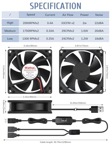 Wathai 2pcs 80mm x 25mm USB Small Computer Fan 5V for DIY Cooling | 2 IN 1 80MM USB Fan for Computer Laptop Router DVR Xbox Cooling - size: 80x25mm (5V)