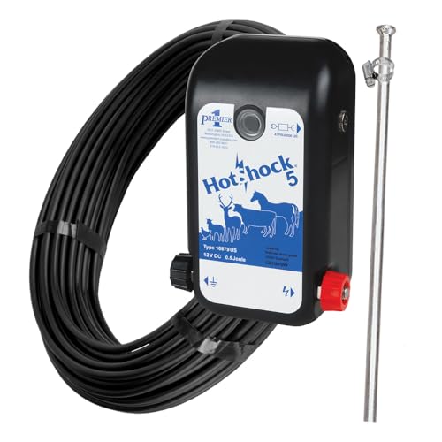 Premier 1 HotShock 5 Fence Energizer, Plug-in Kit, 0.5 Joule | Kit includes 100' insulated wire & ground rod. Plug-in, 110V. Low impedance. For temporary & semi-permanent fences.