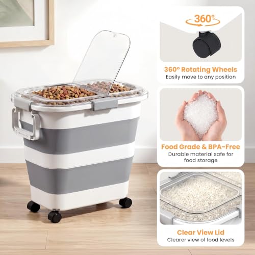 30 Lbs Rice Container, Collapsible Dog Food Storage Container | Airtight Cat Food Container with Wheels, Transparent Lid, Measuring Cup, Scoop and Handle, BPA Free for Pet Food, Bird Seed - size: 30 lbs