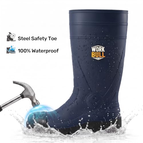 Men's Steel Toe Rain Boots, Waterproof Knee High Work Boots | Slip & oil resistant outsole for construction, farm and industrial work. - color: Navy Blue, size: 6