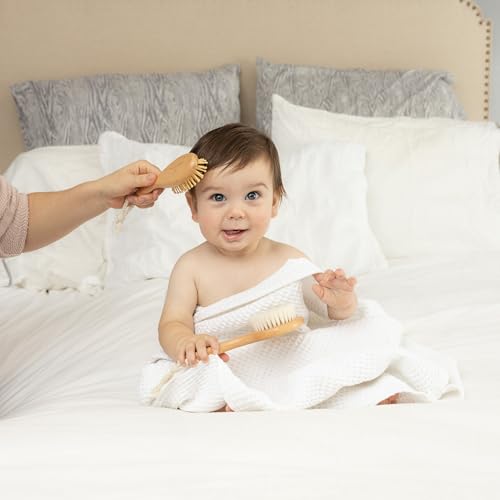 Natural Baby Hair Brush Set with Boho Bag - Goat Hair Cradle Cap Brush, Toddler Brush and Comb - Scalp Grooming Baby Hairbrush for Newborn and Infant, Wooden Brushes for Boys and Girls - color: Sage