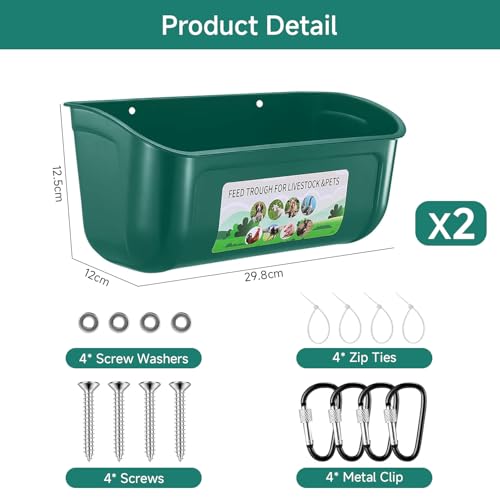 Chicken Feeder Waterer Set, Hanging Fence Feed Trough for Livestock Poultry, Waterer Bucket for Hens Gooses Goat Sheep Deer Duck （ 2 * 2.7 Quart ） - color: Green
