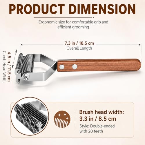 Abbylike 2-sided Livestock Shedding Comb Grooming Dematting Brush Shedding Undercoat Rake for Cattle Horse Goat Cow Pets with 20 Steel Blades and Wood Handle - style: 2-sided